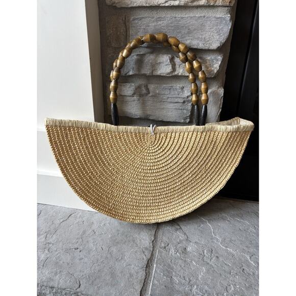 Boho Half Moon Bag Straw Embroidered Floral Prairie Feminine Wooden Handle - Picture 3 of 10